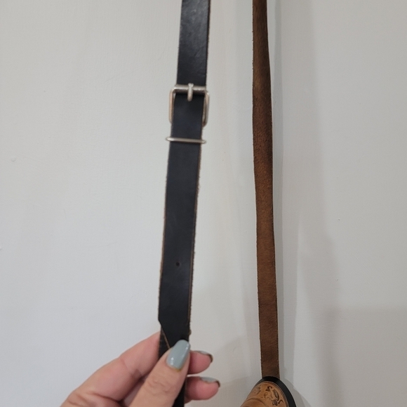 Handmade Tooled Leather Crossbody Satchel Bag Black Brown Made in Mexico - Picture 7 of 16